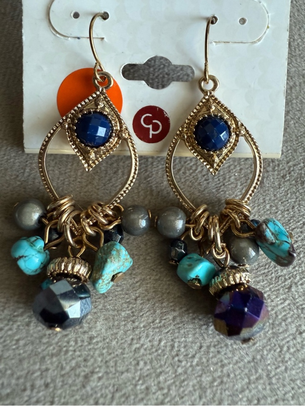 Dress Barn Gold Tone Dangle Earrings with Turquoise & Navy Accents
